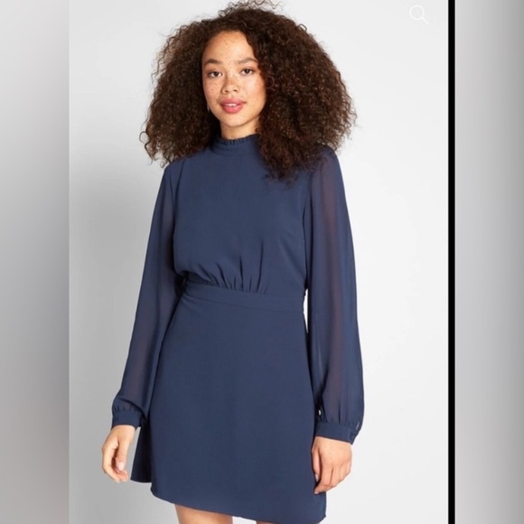 ModCloth NWT Navy Blue Mock Neck Key Hole Back chiffon Mini Dress Size 8 preppy - Picture 2 of 16